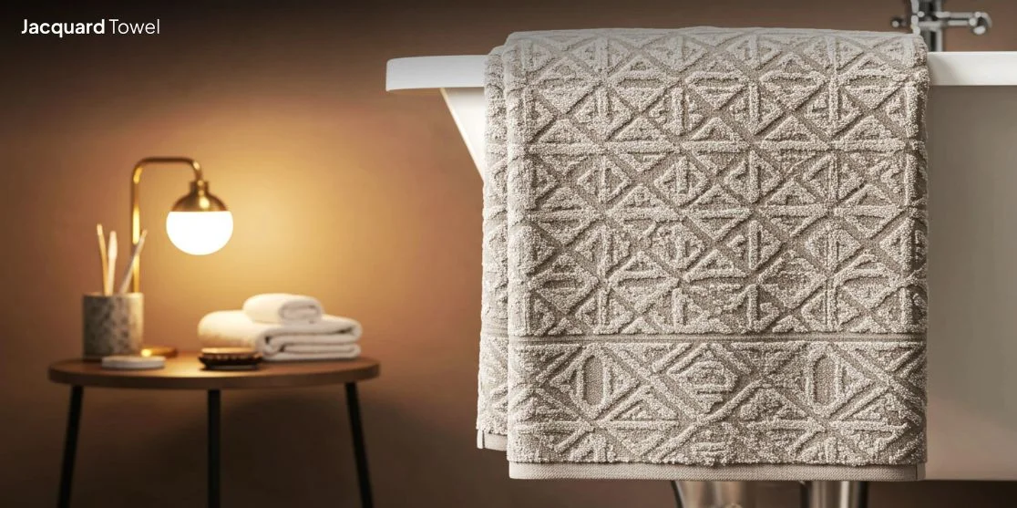 Beige jacquard towel on bathtub edge